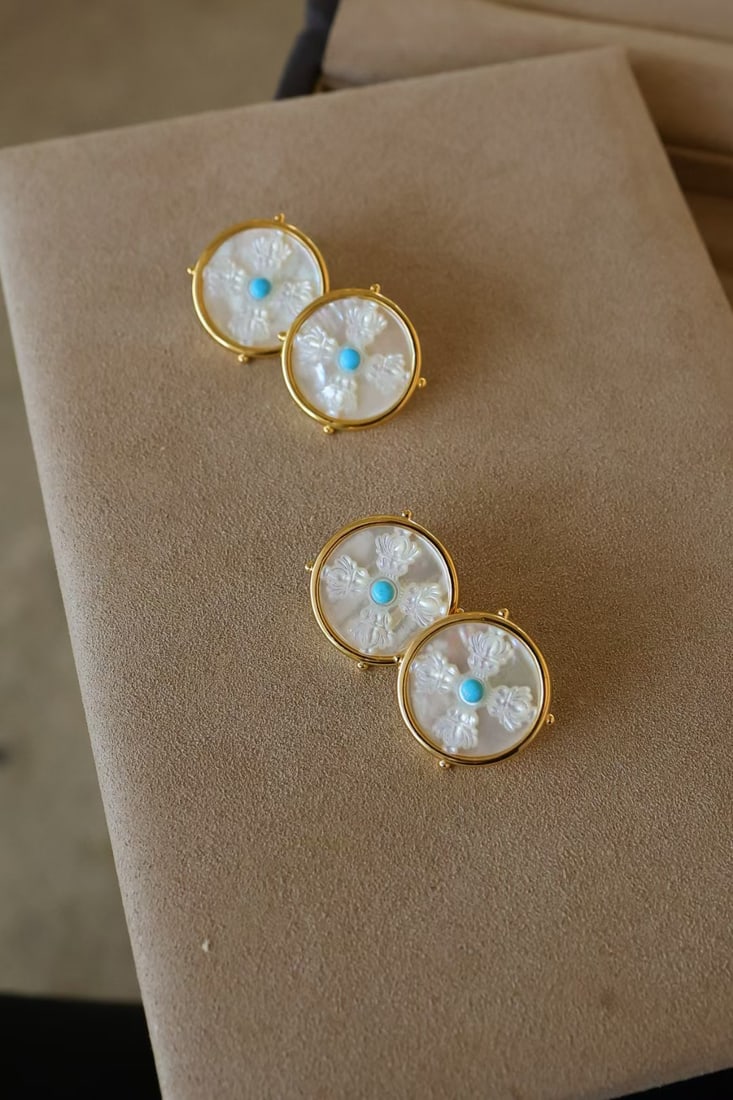 S925 Silver Natural Turquoise and White Mother-of-Pearl Earrings - 2