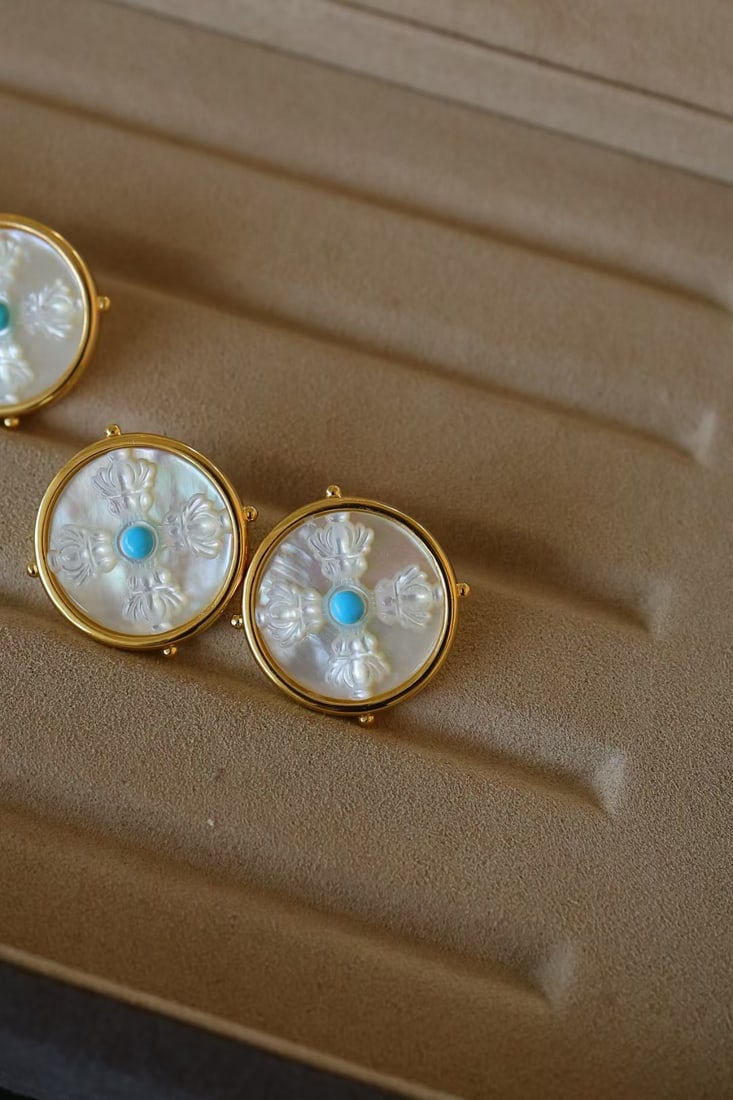 S925 Silver Natural Turquoise and White Mother-of-Pearl Earrings - 7