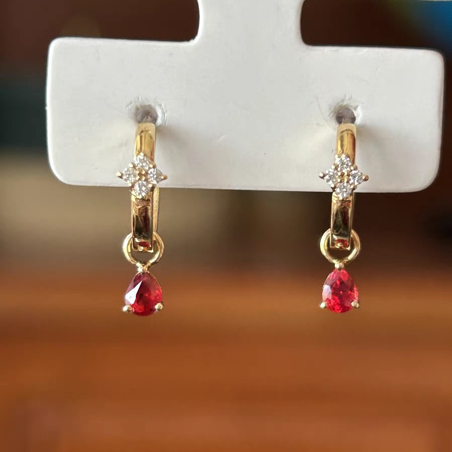 18K Gold Natural Ruby Earrings - 2