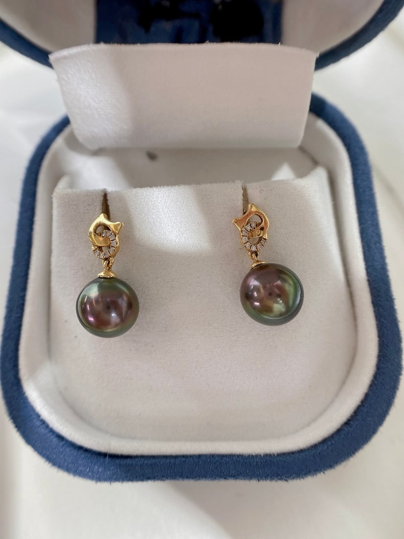 18K Gold Tahitian Black Pearl Earrings - 2
