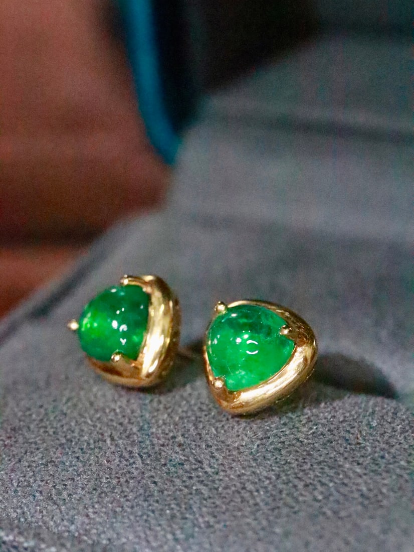 18K Gold Natural Emerald Earrings - 2