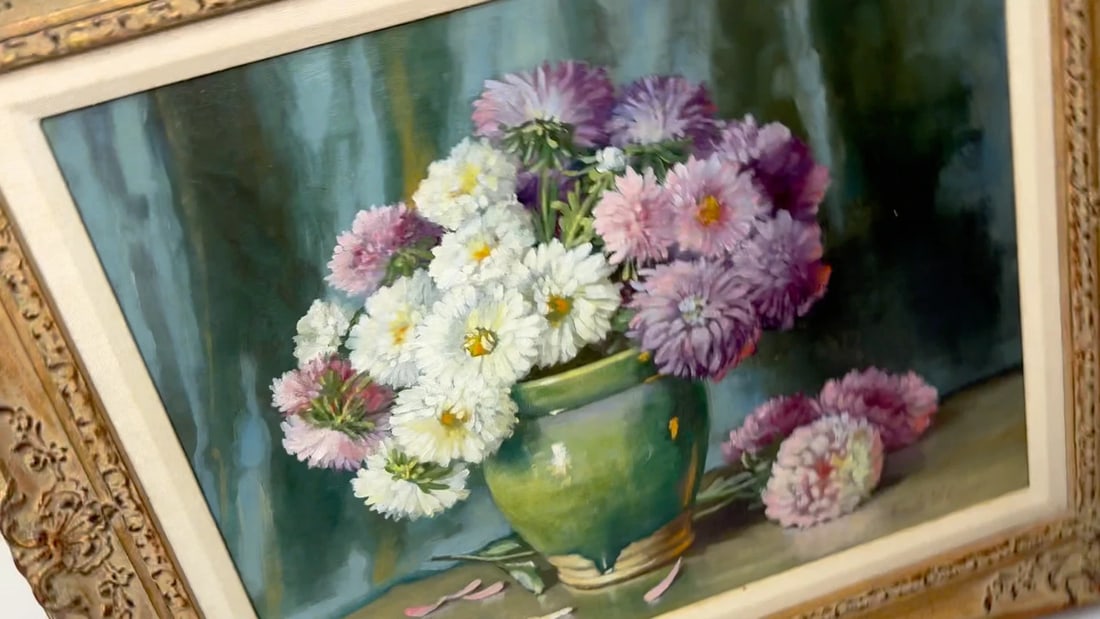 Victorian Still Life Oil Painting Flowers Chrysanthemums In Vase Emily Selinger - 2