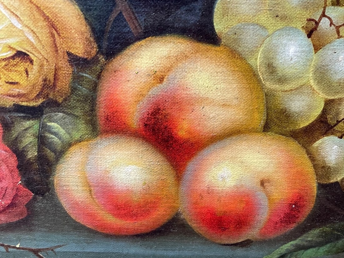 19th Century British Work Of Art Oil Painting Still Life Roses Peaches & Grapes - 12