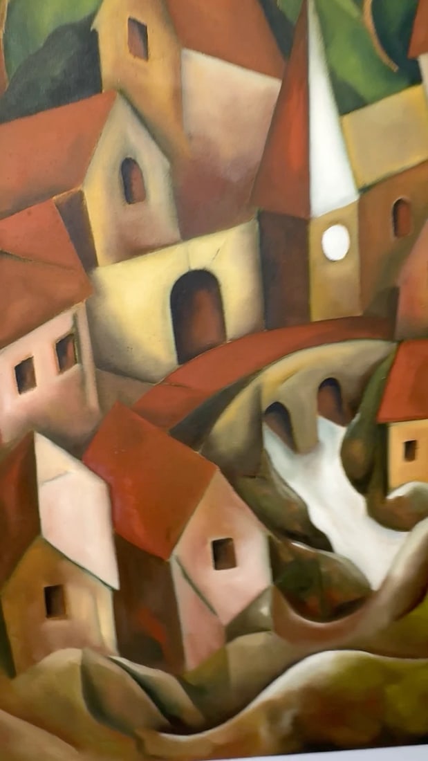 Large Oil Painting After Picasso Cubist-Influenced Cascading Hillside Village - 2
