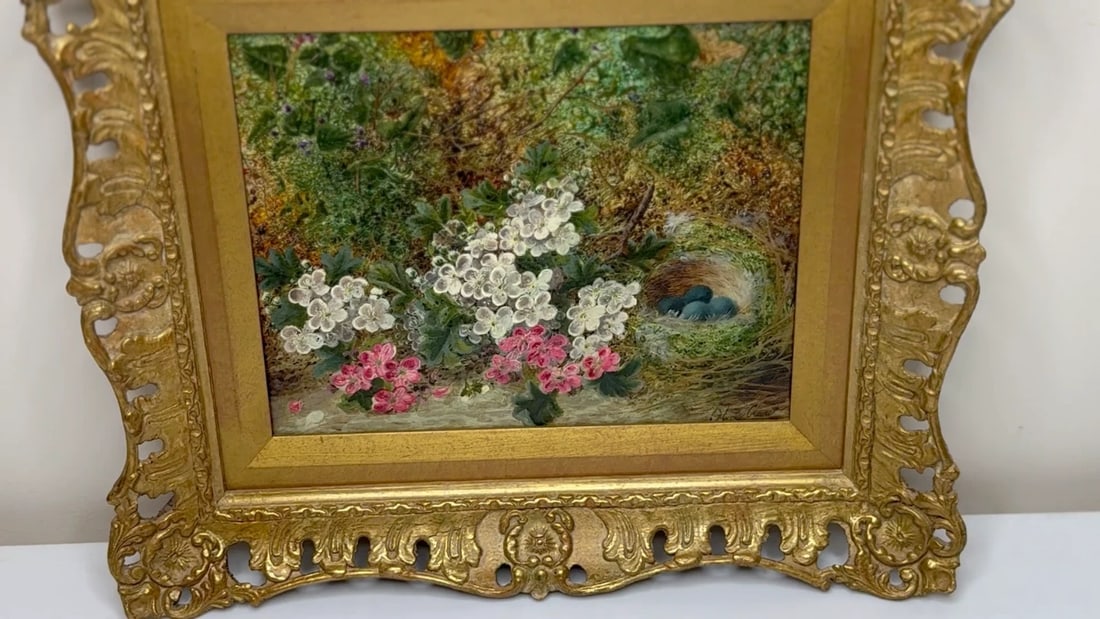 Oil Painting Blossom Flowers Starling Bird Eggs Nest Mossy Bank By Oliver Clare - 2