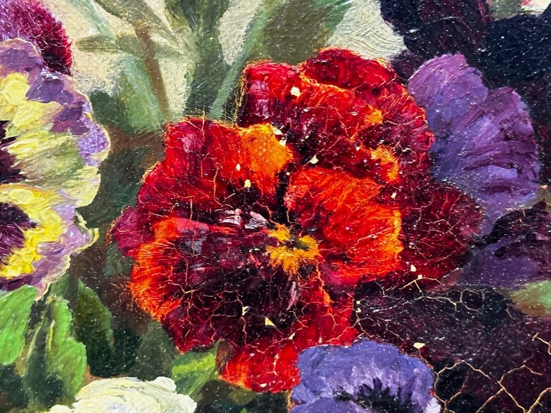 Danish Oil Painting Still Life "Pansies" Flowers Signed Emma Løffler 1843 – 1929 - 12