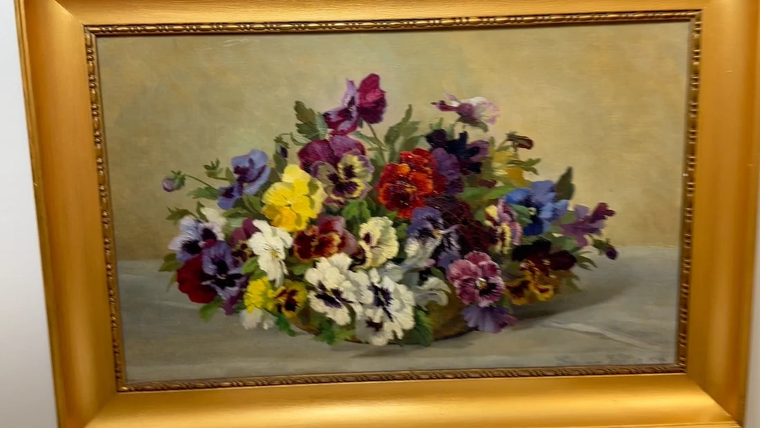 Danish Oil Painting Still Life "Pansies" Flowers Signed Emma Løffler 1843 – 1929 - 2