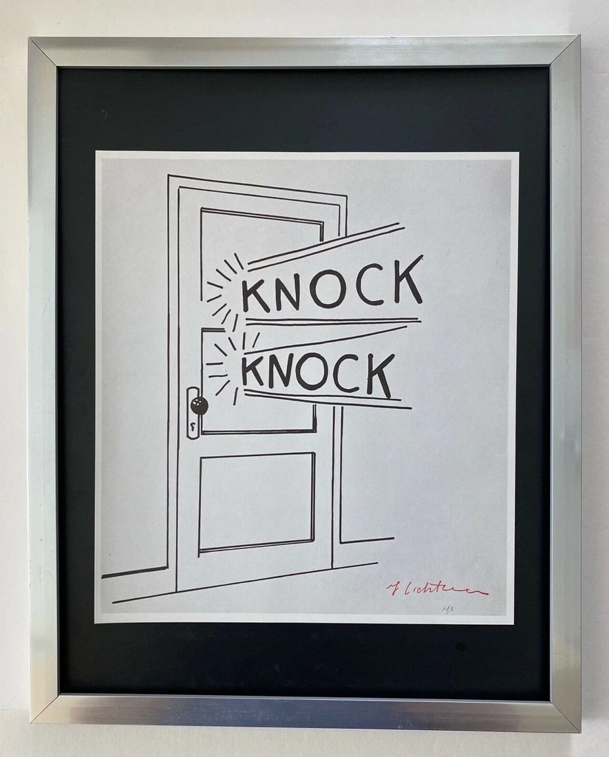 Roy Lichtenstein | Vintage 1970 Signed | Mounted & Framed Offset Lithograph: Up for Auction this Beautiful and Scarce Vintage 1972 Offset Lithograph Roy Lichtenstein "knock knock" Stamp Signed Art Print is about 10 X 9 in. This piece is mounted on a 11 x 14 in. black acid free