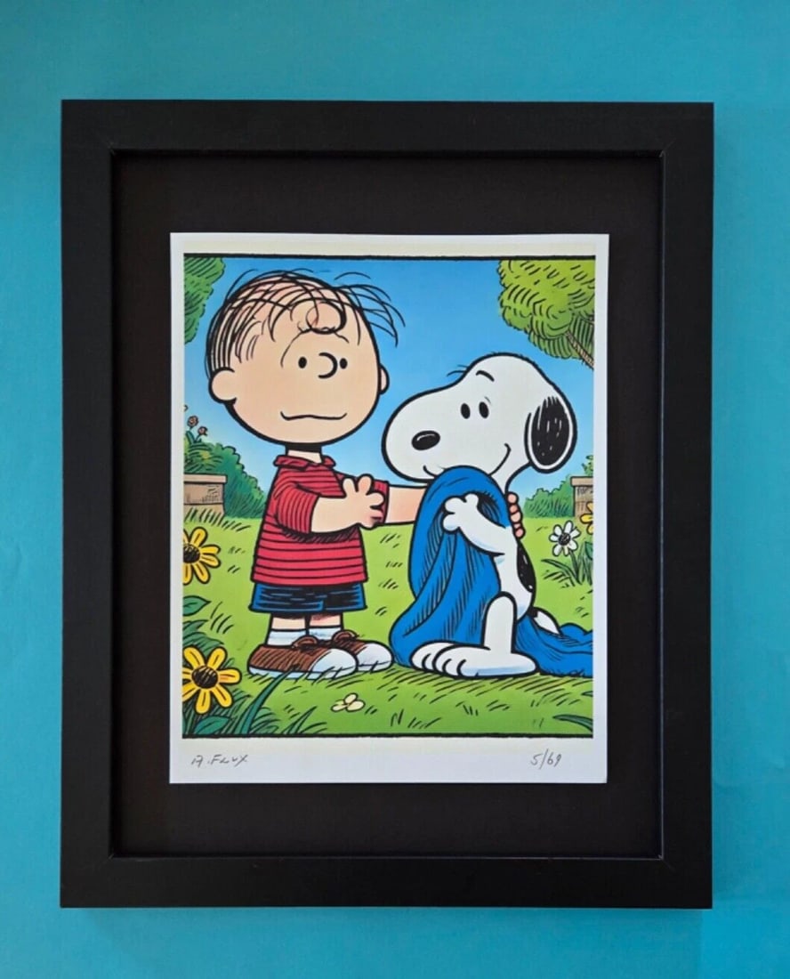 AIDAN FLUX Hand Signed Authentic Print 14x11in. Framed Snoopy with Linus | COA: This is a one-of-a-kind Hand Signed Authentic Giclee by AIDAN FLUX. From his Series "American Icons" The artist has created a stunning piece of art that features a powerful message about women's empow