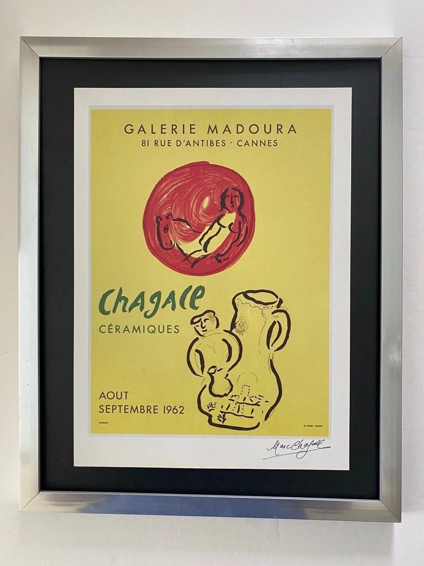 MARC CHAGALL | ORIGINAL VINTAGE 1975 | SIGNED PRINT | MOUNTED IN 11X14 BOARD |: Beautiful and Scarce Original 1975 Print After Marc Chagall " CANNES EXHIBITION POSTER " Facsimile Signature in Ink Published by Sorlier Art Print is about 12 X 8 in. This piece is mounted on a 11 x 1