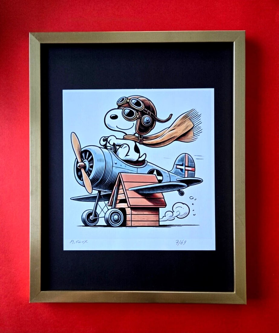 AIDAN FLUX Hand Signed Original LtdED Print Framed SNOOPY AVIATOR COA: This is a one-of-a-kind Hand Signed Authentic Giclee by AIDAN FLUX. From his Famous Series " SNOOPY" The print is 10x8in., measuring framed 14 inches in height and 11 inches in width, it comes framed 