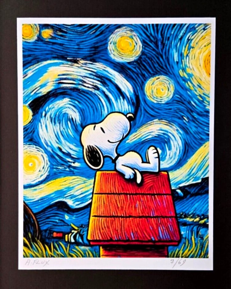 AIDAN FLUX | Hand Signed �� Collectable Print X/69 SNOOPY AT STARRY NIGHT COA - 3