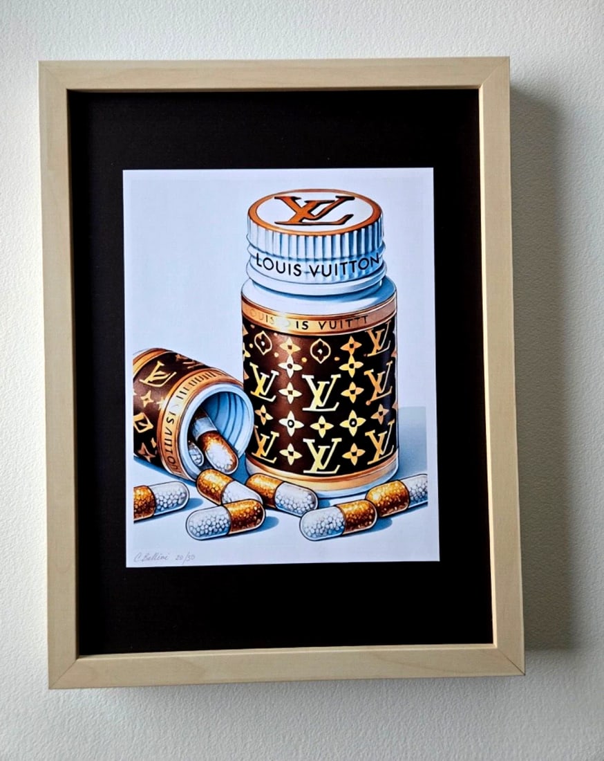 Chiara Bellini Louis Comfort Pills Original Hand Signed Print COA: Louis Vuitton Comfort Pills by Chiara Bellini Series: Shopping Therapy Artist: Chiara Bellini Title: Chanel Comfort Pills Edition: Limited edition of 50 Size: 17x13in Framed Medium: Giclée print 