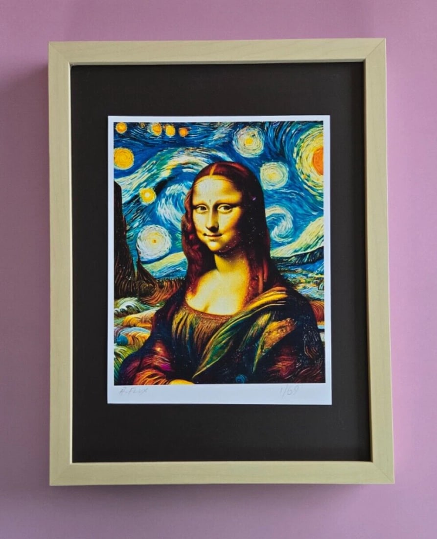 AIDAN FLUX | Hand Signed Original Print Framed Ltd. Ed. COA "MONA LISA SMILE": This is a Stunning and Scarce 100% Authentic New Print by Aidan Flux AIDAN Flux represents a new wave of artists who embrace technology as a partner in creation, crafting works that resonate with the