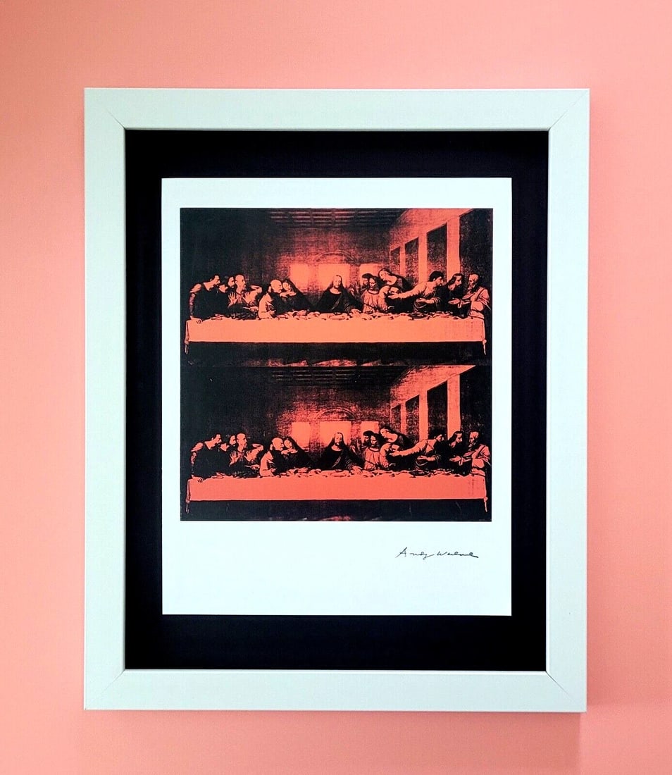 ANDY WARHOL 1984 SIGNED AWESOME " LAST SUPPER " PRINT + FRAMED: This is an Awesome and Scarce 1984 Print after Andy Warhol FACSIMILE SIGNATURE IN INK " LAST SUPPER " THIS PRINT IS MOUNTED IN AN ACID FREE BLACKBOARD AND FRAMED IN A NEW 14X11IN. Printed in Paper aft