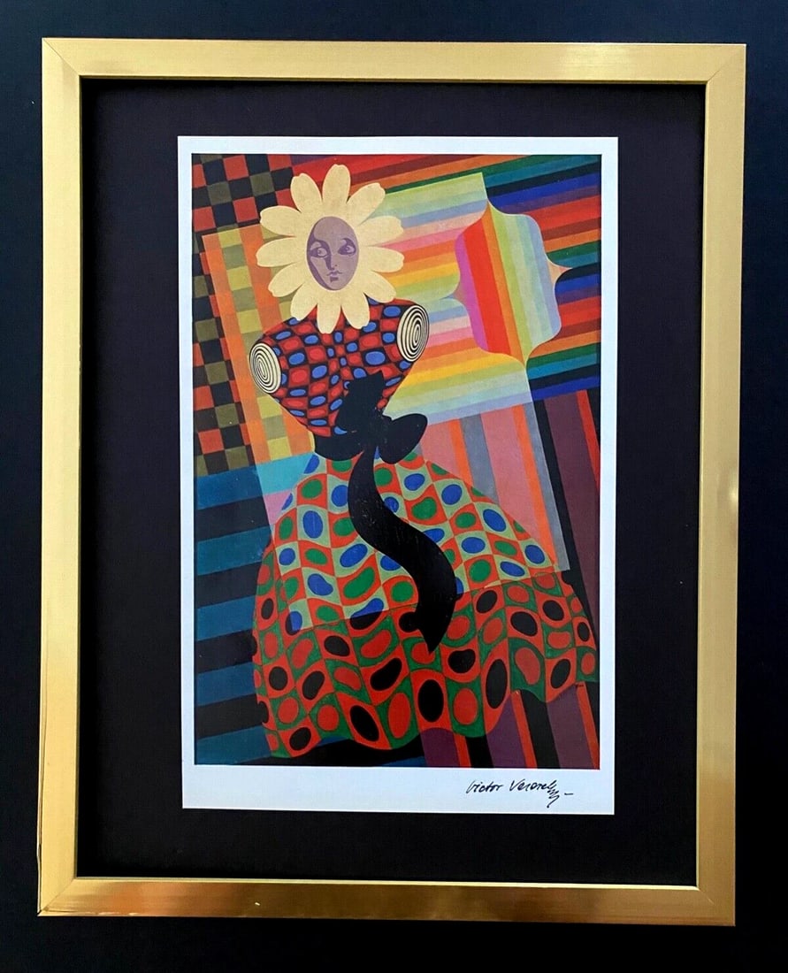 VICTOR VASARELY + SIGNED GEOMETRIC ABSTRACT PRINT FROM 1970 + WITH NEW FRAME: We have for Sale this AWESOME 1970's PRINT AFTER VICTOR VASARELY FACSIMILE SIGNED IN INK SIZE OF THE PRINT IS ABOUT: 11 X 7 in FRAME COVERS AN AREA OF 15 X 12 in PRINT IS MOUNTED OVER A BLACK BOARD AN
