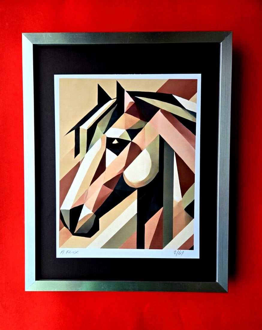 AIDAN FLUX | Hand Signed Original Print Framed LtdED of 69 COA MY CUBIST HORSE: This is a Stunning and Scarce 100% Authentic New Print by Aidan Flux AIDAN Flux represents a new wave of artists who embrace technology as a partner in creation, crafting works that resonate with the 