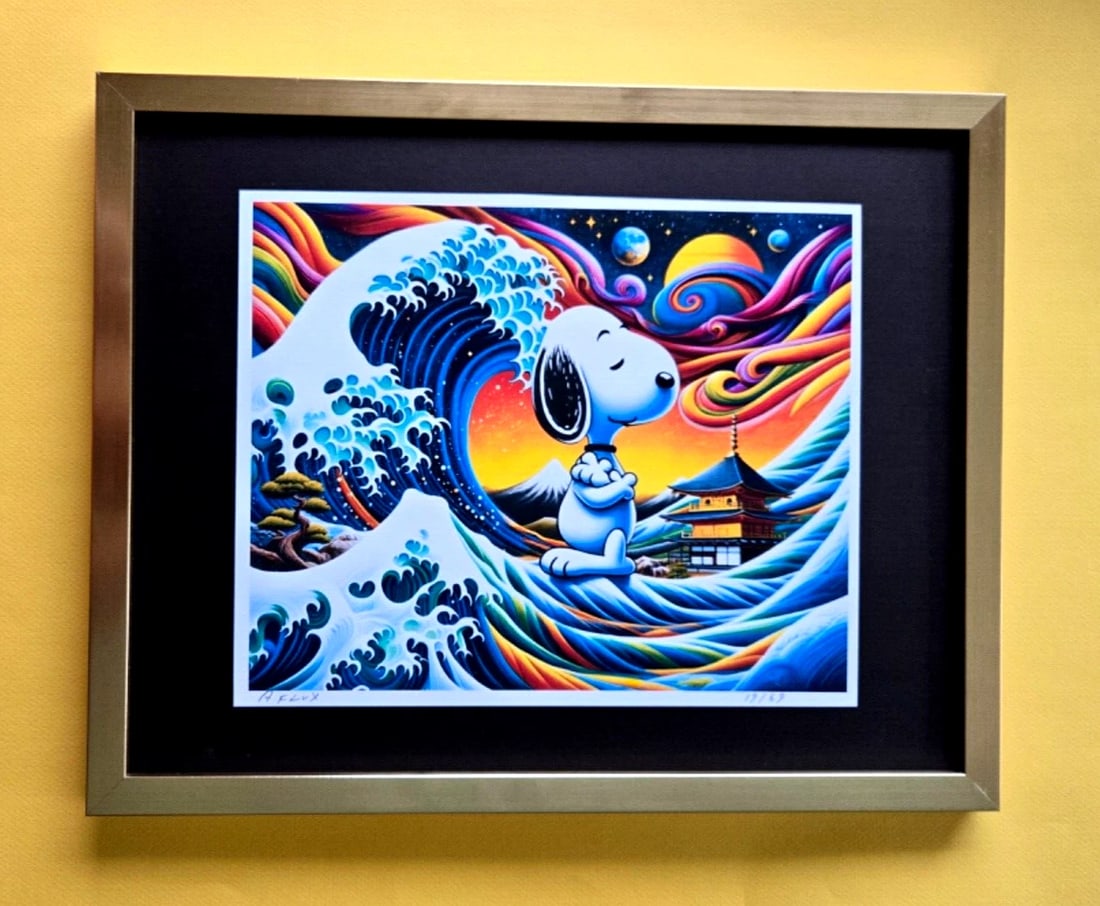 AIDAN FLUX | Hand Signed Original Print Framed LtdEd of 69 COA SNOOPY JAPAN: This is a Stunning and Scarce 100% Authentic New Print by Aidan Flux AIDAN Flux represents a new wave of artists who embrace technology as a partner in creation, crafting works that resonate with the 