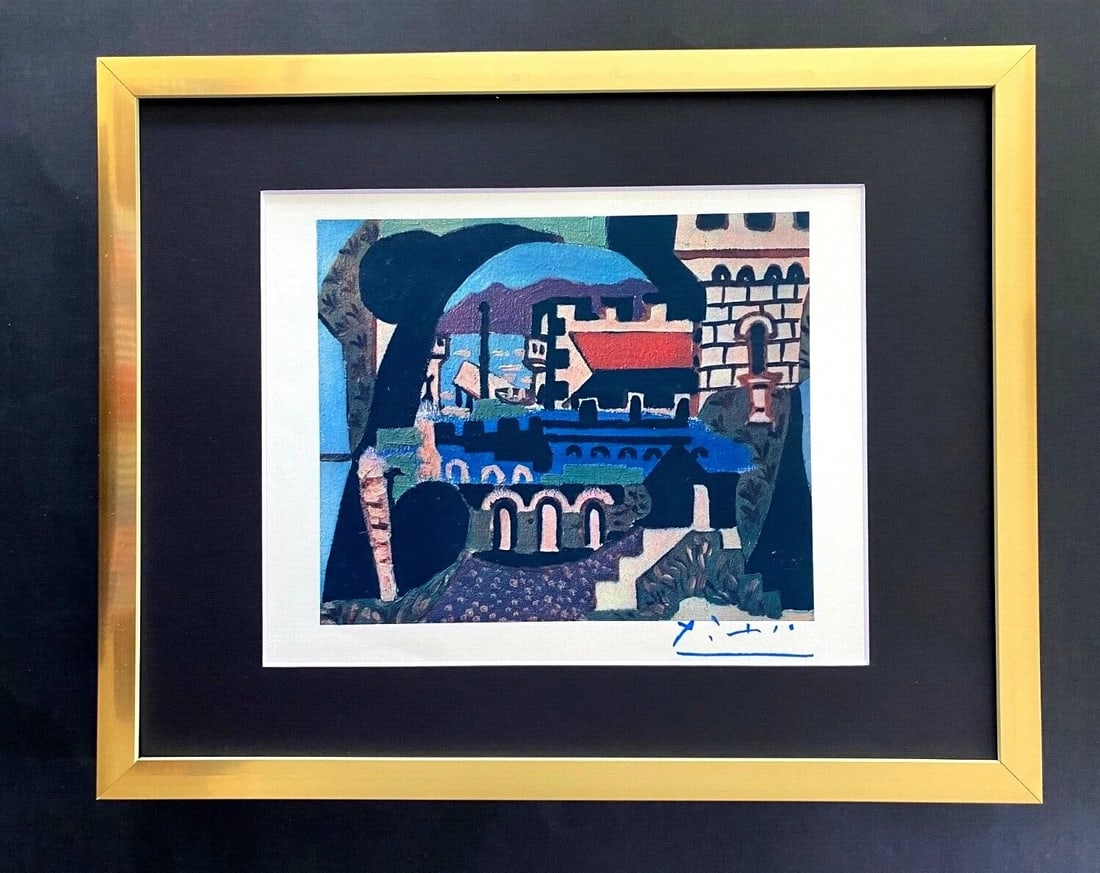 PABLO PICASSO VINTAGE 1948 BEAUTIFUL SIGNED PRINT MATTED 11 X 14 + LIST $995: This is a Beautiful and Scarce 1948 Print After PABLO PICASSO " JUAN LES PINS " FACSIMILE SIGNED IN BLUE INK Professionally Double Matted to be Framed at Home on your Favorite 11 x 14 Printed in Beaut