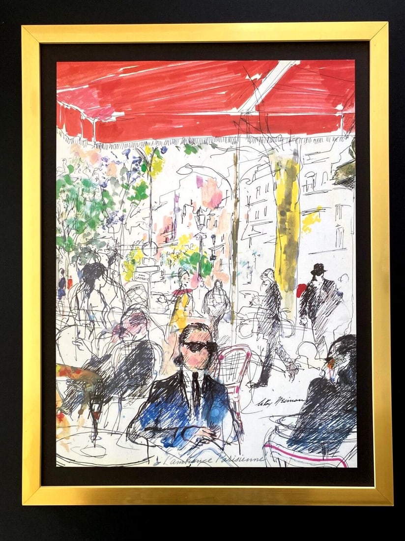LEROY NEIMAN + SKETCHBOOK DRAWING PARIS + CIRCA 1970'S + SIGNED PRINT FRAMED: We have for Sale this LEROY NEIMAN AWESOME 1971 SKETCH ON PAPER PRINT " KARL LAGERFELD IN PARIS " FACSIMILE SIGNED IN INK FULL OF COLOR PRINT SIZE OF THE PRINT: 14 X 10 in FRAME COVERS AN AREA OF 17