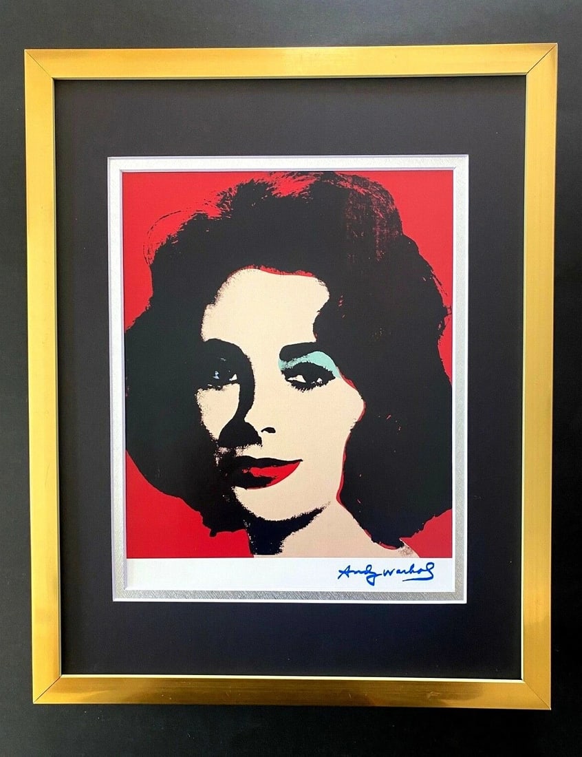 ANDY WARHOL GORGEOUS 1984 SIGNED LIZ TAYLOR PRINT MATTED AND FRAMED $: This is an Awesome and Scarce 1984 Print after Andy Warhol FACSIMILE SIGNATURE IN BLUE INK " LIZ TAYLOR " from - His Portraits Collection- Double Matted and Framed covering an area of 15x12in. Printed