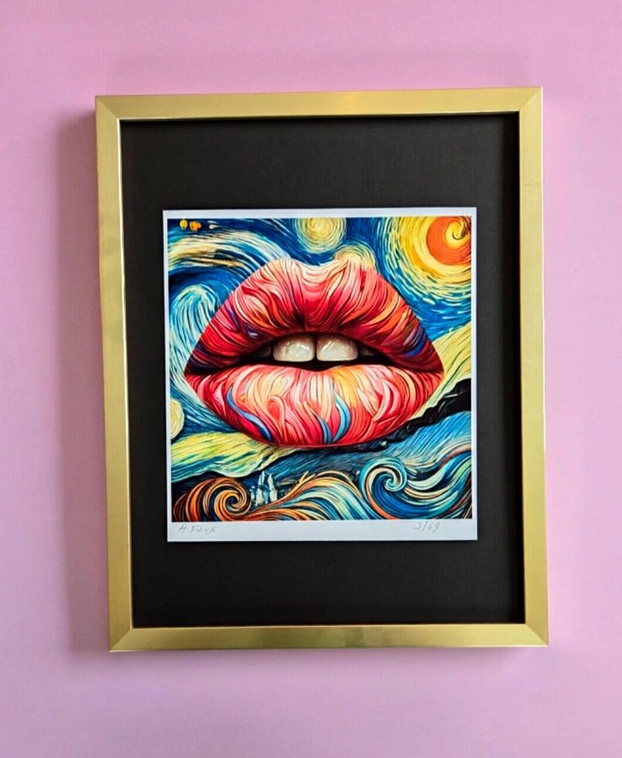 AIDAN FLUX | Hand Signed Original Print Framed Ltd. Ed. COA " THE LIPS OF LIFE ": This is a Stunning and Scarce 100% Authentic New Print by Aidan Flux AIDAN Flux represents a new wave of artists who embrace technology as a partner in creation, crafting works that resonate with the