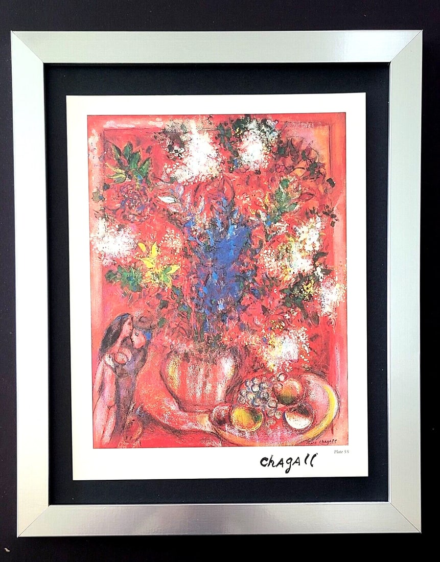 MARC CHAGALL + 1975 BEAUTIFUL SIGNED PRINT MOUNTED AND FRAMED: This is a Beautiful and Scarce 1975 Print after MARC CHAGALL FACSIMILE INK SIGNED From his Lithographs Collection Mounted and Framed in a 14x11 New Frame. Printed in Italy in 1975 after the Iconic Art