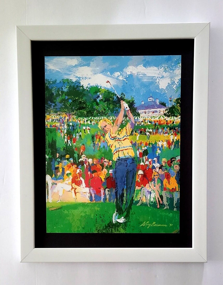 LEROY NEIMAN + JACK NICKLAUS + CIRCA 1990'S + SIGNED GOLF PRINT+ FRAMED: We have for Sale this LEROY NEIMAN AWESOME 1990'S PRINT ON PAPER " JACK NICKLAUS " SIGNED ON THE PLATE SIZE OF THE PRINT: 10 X 8 in NEW WHITE FRAME FRAME COVERS AN AREA OF 15 X 12 in MOUNTED AND FRAME