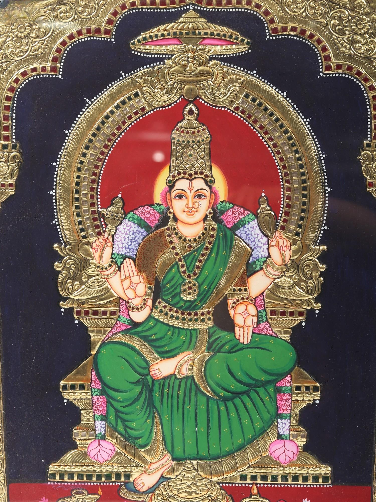 Goddess Bhuvneshwari Tanjore Painting | Traditional Colors With 24K Gold | Teakwood Frame - 2