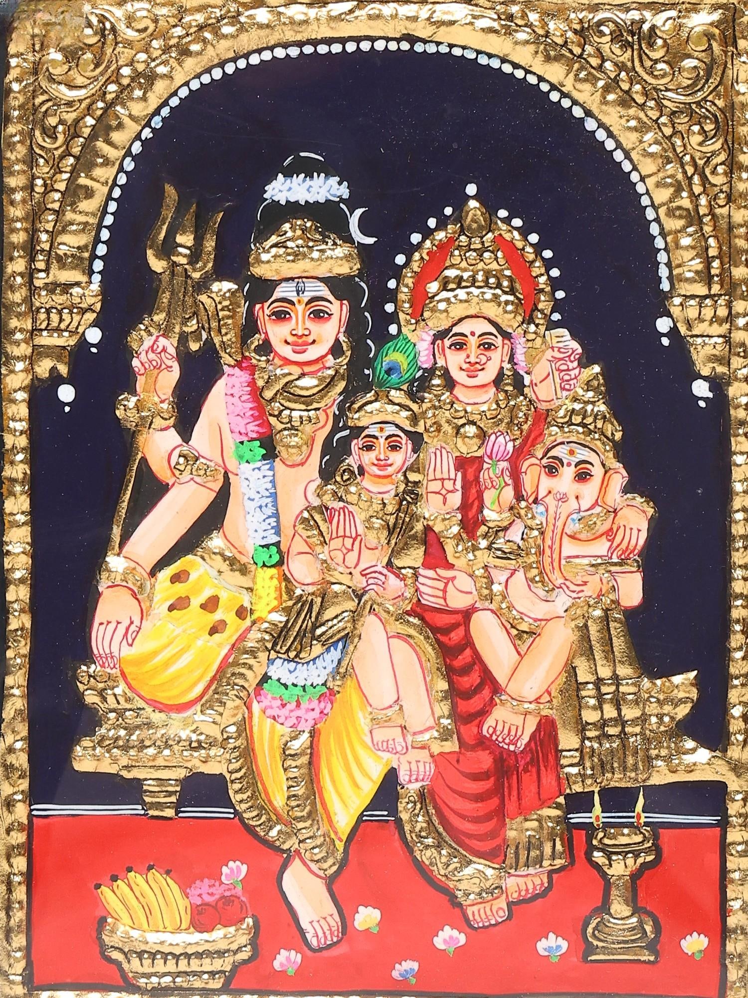 Lord Shiva with Family Tanjore Painting | Traditional Colors with 24 Karat Gold | With Frame - 2