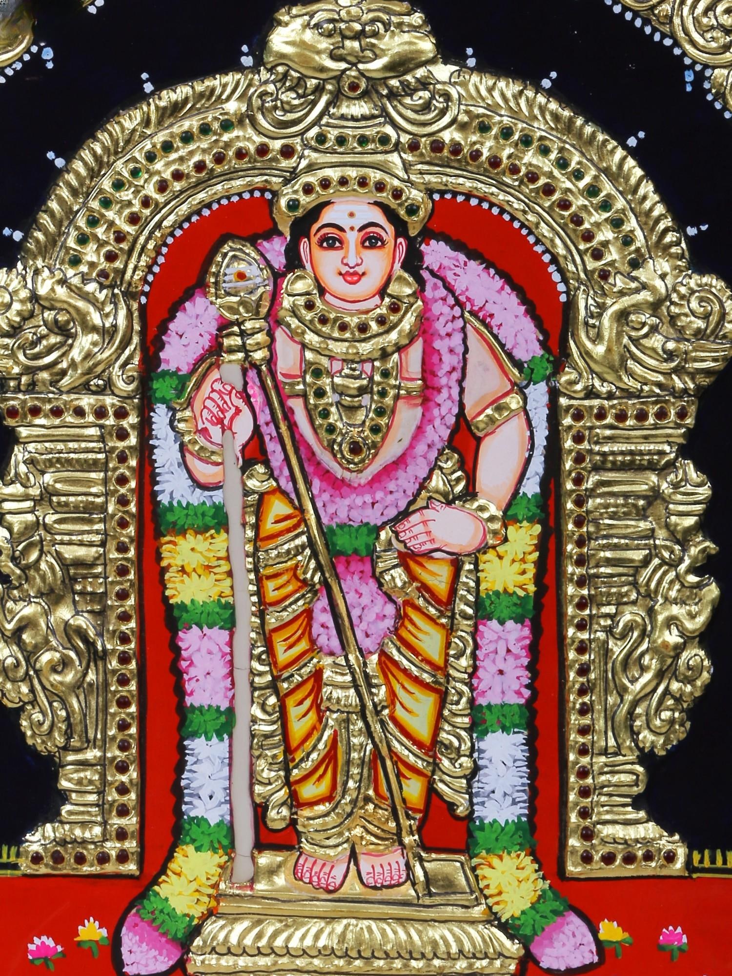 Standing Lord Murugan Tanjore Painting | Traditional Colors with 24 Karat Gold | With Frame - 2