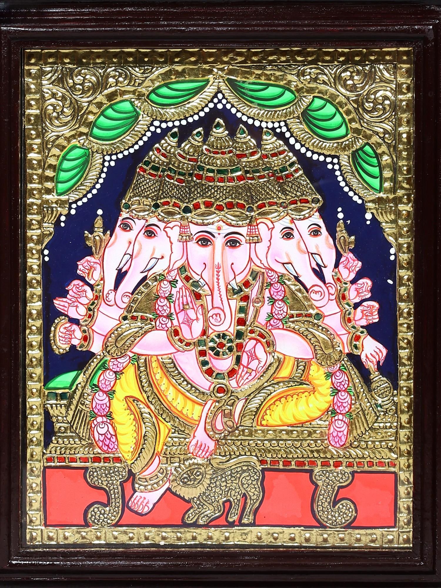 Panchmukhi Lord Ganesha Seated on Throne Tanjore Painting | Traditional Colors with 24 Karat Gold | - 2