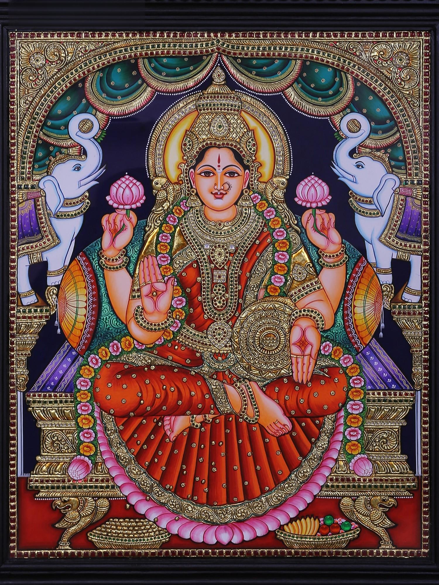 Goddess Gajalakshmi Tanjore Painting with Frame | Traditional Colors with 24 Karat Gold - 2
