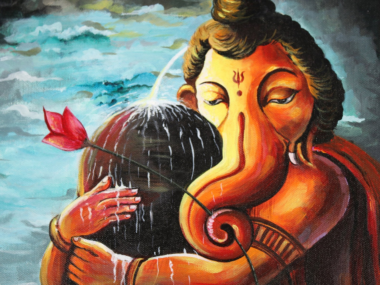 Lord Ganesha with Shivalinga | Oil Painting on Canvas Cloth - 2