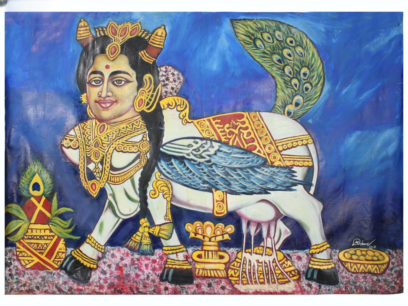 58" Kamadhenu - Wish Fulfilling Cow | Water Color on Canvas: Title: 58" Kamadhenu - Wish Fulfilling Cow | Water Color on Canvas Description: Large Sized Paintings Reserve: $212.00 Shipping: Domestic: Shipping rates are determined by destination International: F