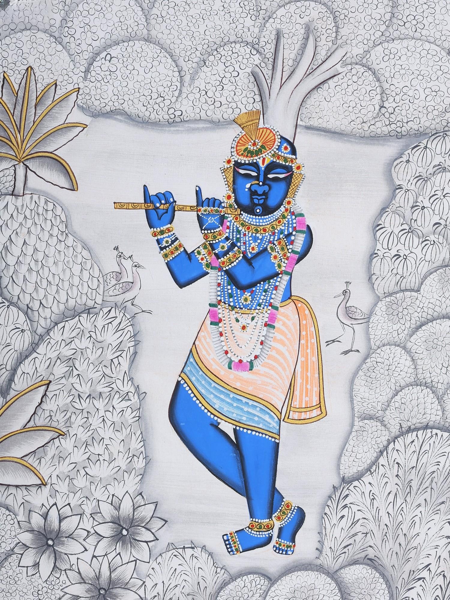 Lord Shrinathji Playing Flute In Forest | Pichwai Art - 2