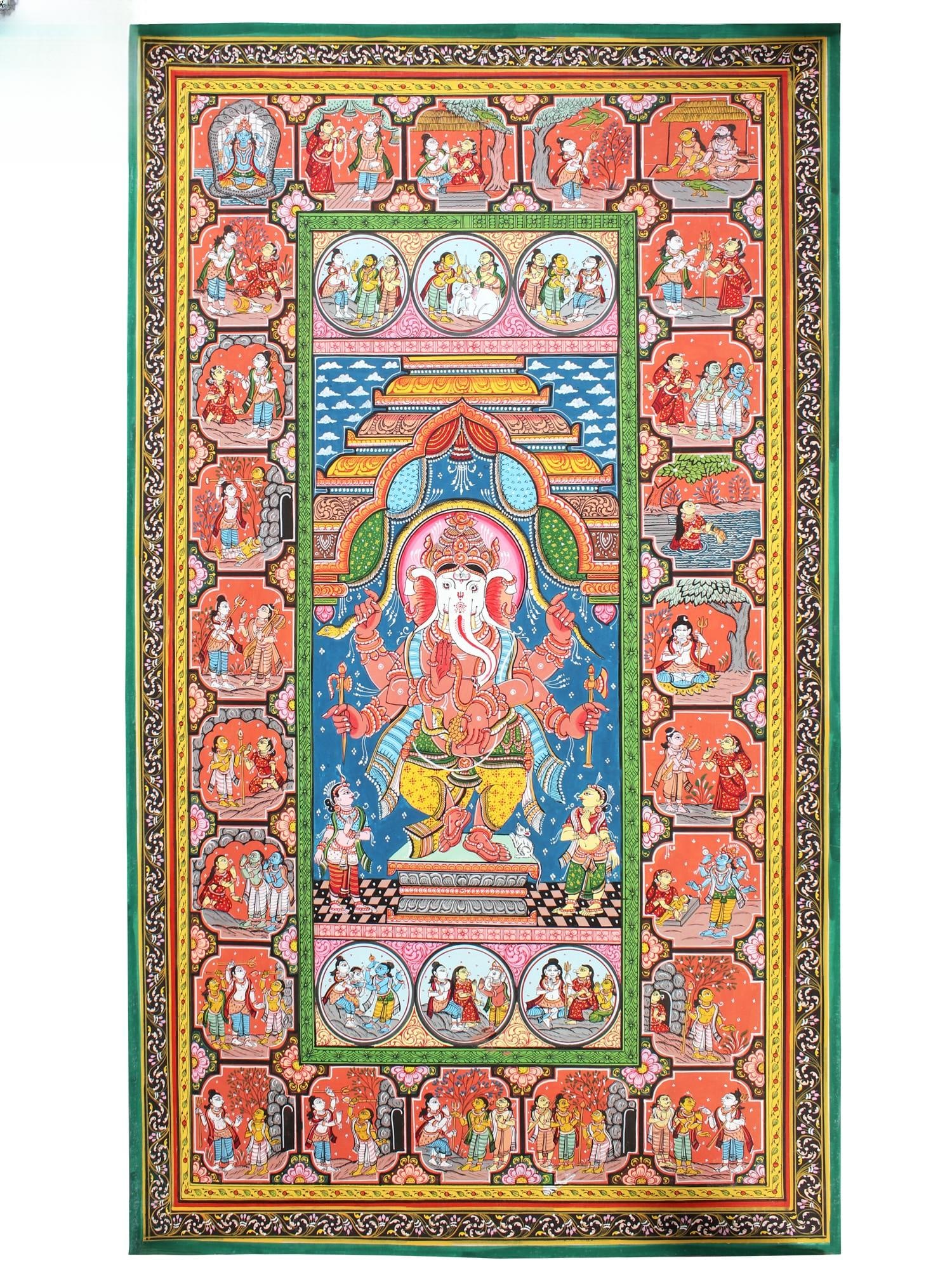 Lord Ganesha Story | Odisha Painting: Title: Lord Ganesha Story | Odisha Painting Description: Folk Paintings Reserve: $950.00 Shipping: Domestic: Shipping rates are determined by destination International: Foreign shipping rates are