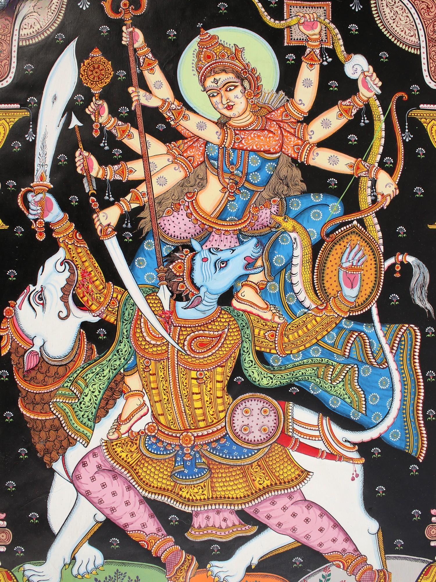 Superfine Fierce Goddess Durga Killing Mahishasura With Lion | Patta Painting | Odisha Art - 2