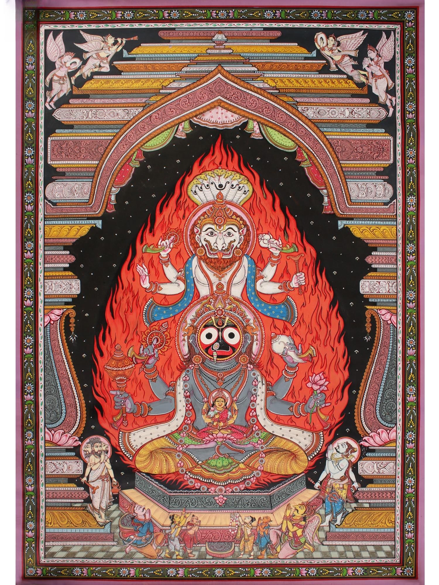 Superfine Gods Worshipping jagannatha Narasimha | Patta Painting | Odisha Art: Title: Superfine Gods Worshipping jagannatha Narasimha | Patta Painting | Odisha Art Description: Folk Paintings Reserve: $1,058.00 Shipping: Domestic: Shipping rates are determined by destination