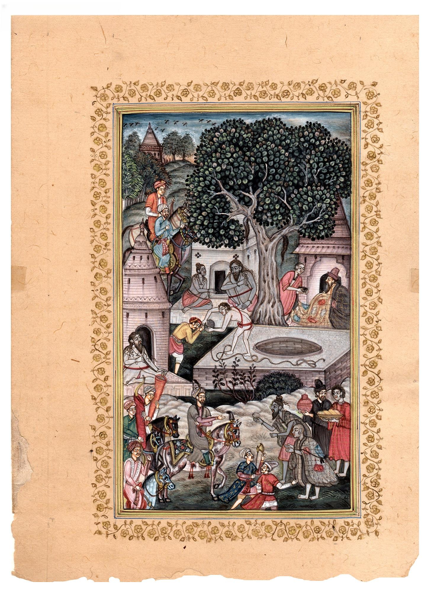 Sultan Surveying Kwadja Qutbiddin's Tomb, Mausoleums and Buildings: Title: Sultan Surveying Kwadja Qutbiddin's Tomb, Mausoleums and Buildings Description: Persian Painting Reserve: $280.00 Shipping: Domestic: Shipping rates are determined by destination
