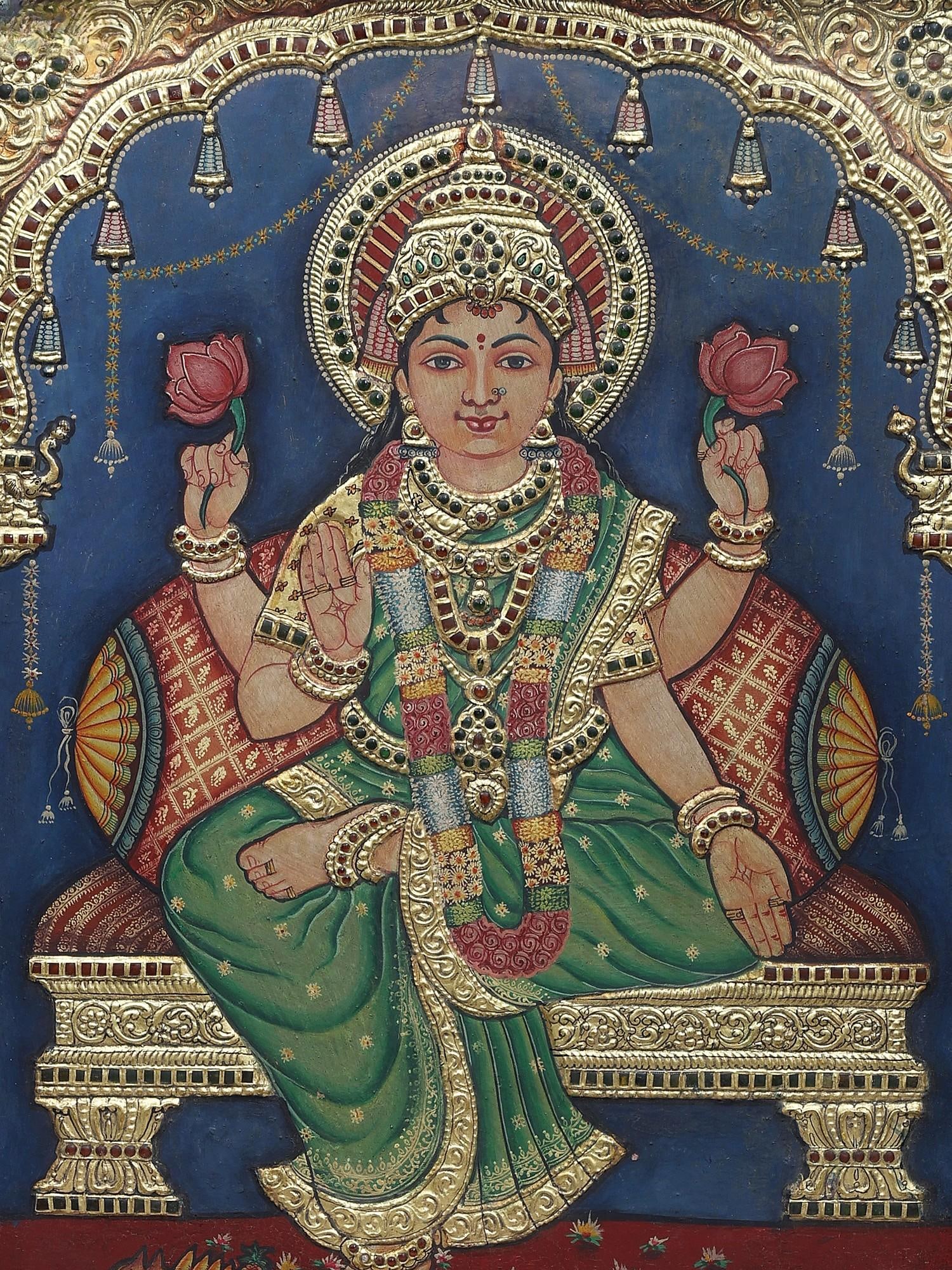 Devi Lakshmi Thanjavur Painting | Traditional Colors with 24K Gold - 2