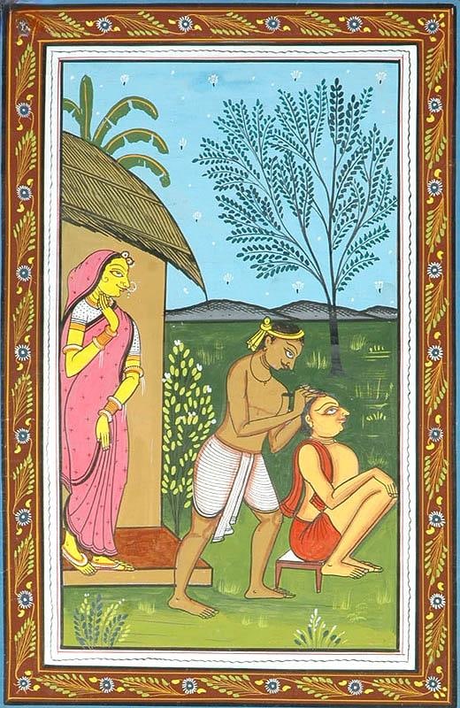 Chaitanya Mahaprabhu Shaving His Head | Pattachitra Painting on Canvas: Title: Chaitanya Mahaprabhu Shaving His Head | Pattachitra Painting on Canvas Description: Folk Paintings Reserve: $83.00 Shipping: Domestic: Shipping rates are determined by destination