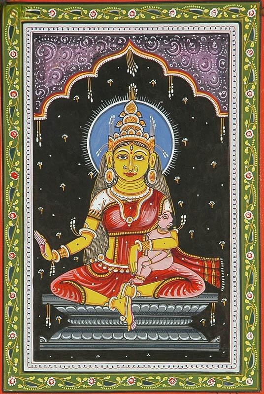 Goddess Savitri (Shodash Matrikas): Title: Goddess Savitri (Shodash Matrikas) Description: Folk Paintings Reserve: $103.00 Shipping: Domestic: Shipping rates are determined by destination International: Foreign shipping rates are