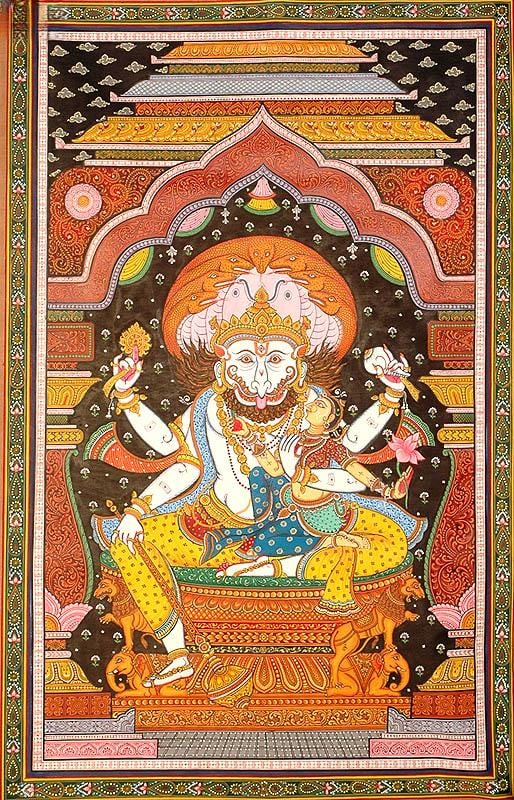 Narasimha with Goddess Lakshmi - A Saumya Image: Title: Narasimha with Goddess Lakshmi - A Saumya Image Description: Folk Paintings Reserve: $349.00 Shipping: Domestic: Shipping rates are determined by destination International: Foreign shipping rat