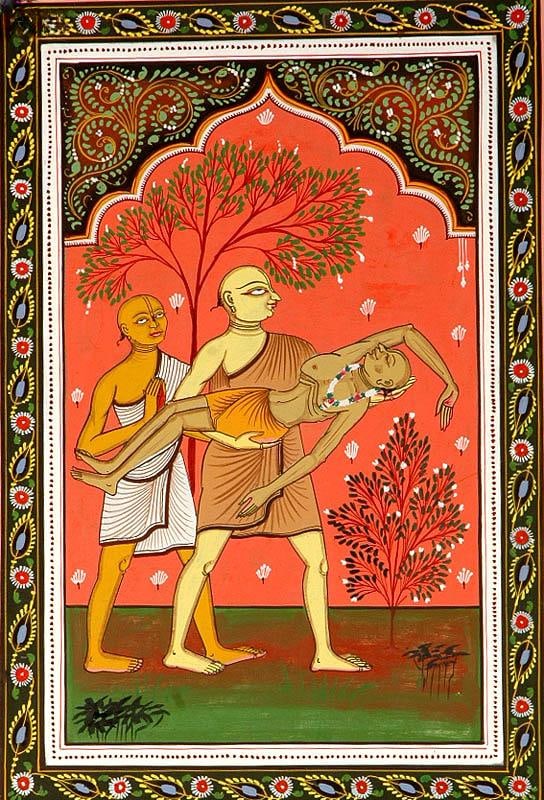 Chaitanya Mahaprabhu Taking His Ailing Father on the Banks of Ganga: Title: Chaitanya Mahaprabhu Taking His Ailing Father on the Banks of Ganga Description: Folk Paintings Reserve: $103.00 Shipping: Domestic: Shipping rates are determined by destination International: 