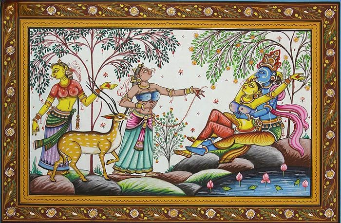 Radha Krishna on the Banks of Yamuna with Gopis: Title: Radha Krishna on the Banks of Yamuna with Gopis Description: Folk Paintings Reserve: $140.00 Shipping: Domestic: Shipping rates are determined by destination International: Foreign shipping rat