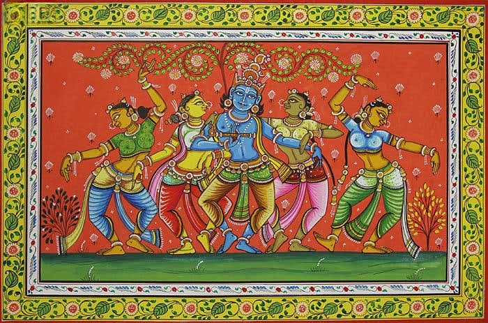 Krishna Dances with Gopis: Title: Krishna Dances with Gopis Description: Folk Paintings Reserve: $150.00 Shipping: Domestic: Shipping rates are determined by destination International: Foreign shipping rates are determined by d