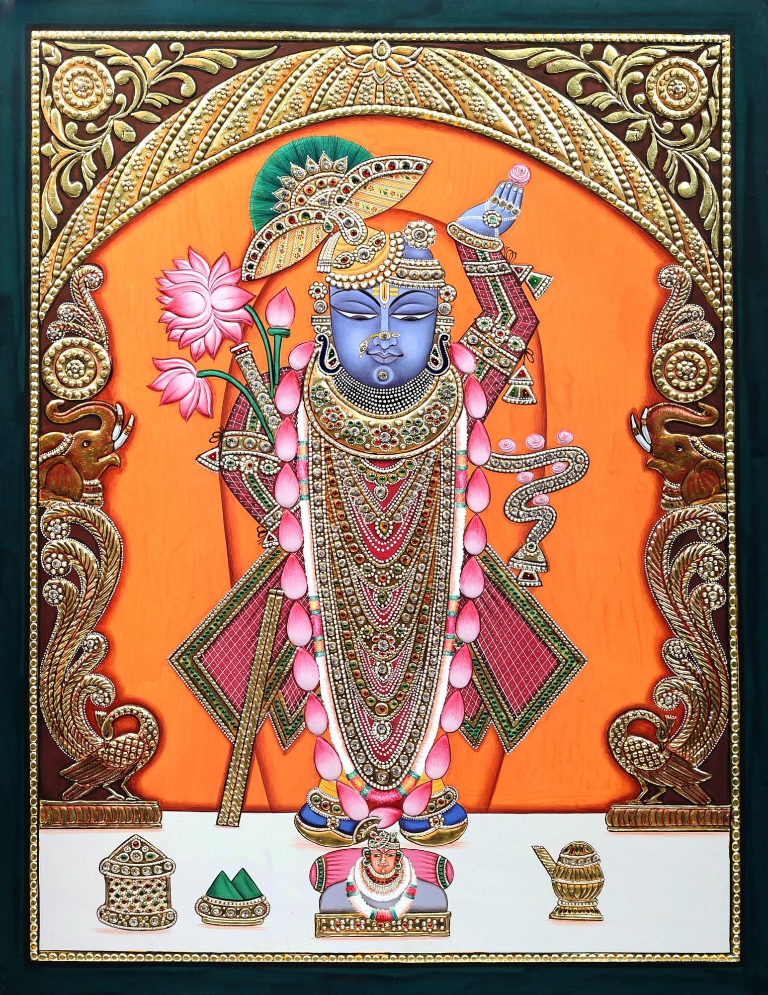 Jewelled Lord Shrinath having Soothing Eyes with Calm Appearance: Title: Jewelled Lord Shrinath having Soothing Eyes with Calm Appearance Description: Hindu Gods & Goddesses Painting Reserve: $585.00 Shipping: Domestic: Shipping rates are determined by destination