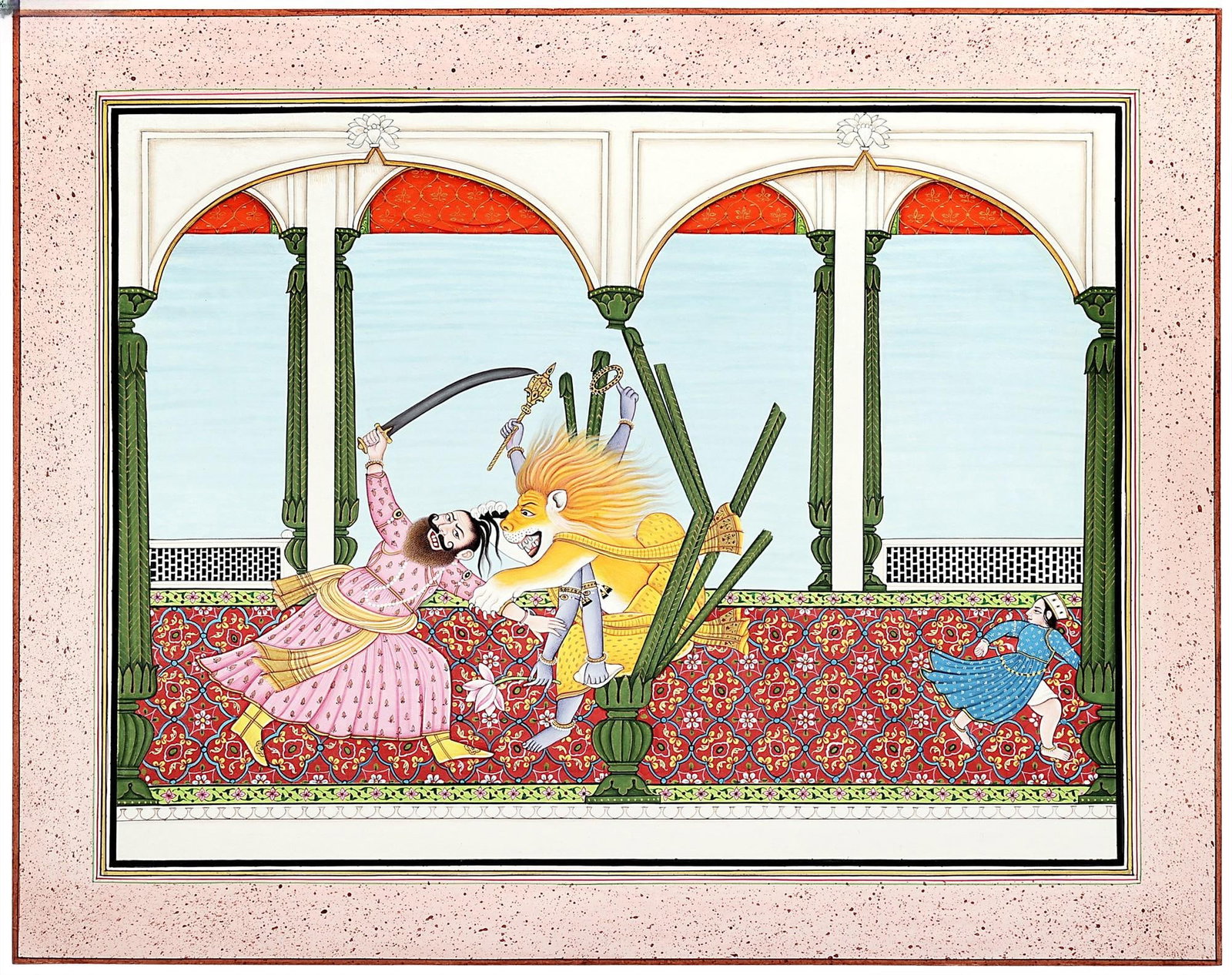 Narasimha Drags Down The King Hiranyakashipu: Title: Narasimha Drags Down The King Hiranyakashipu Description: Hindu Gods & Goddesses Painting Reserve: $940.00 Shipping: Domestic: Shipping rates are determined by destination International: Foreig