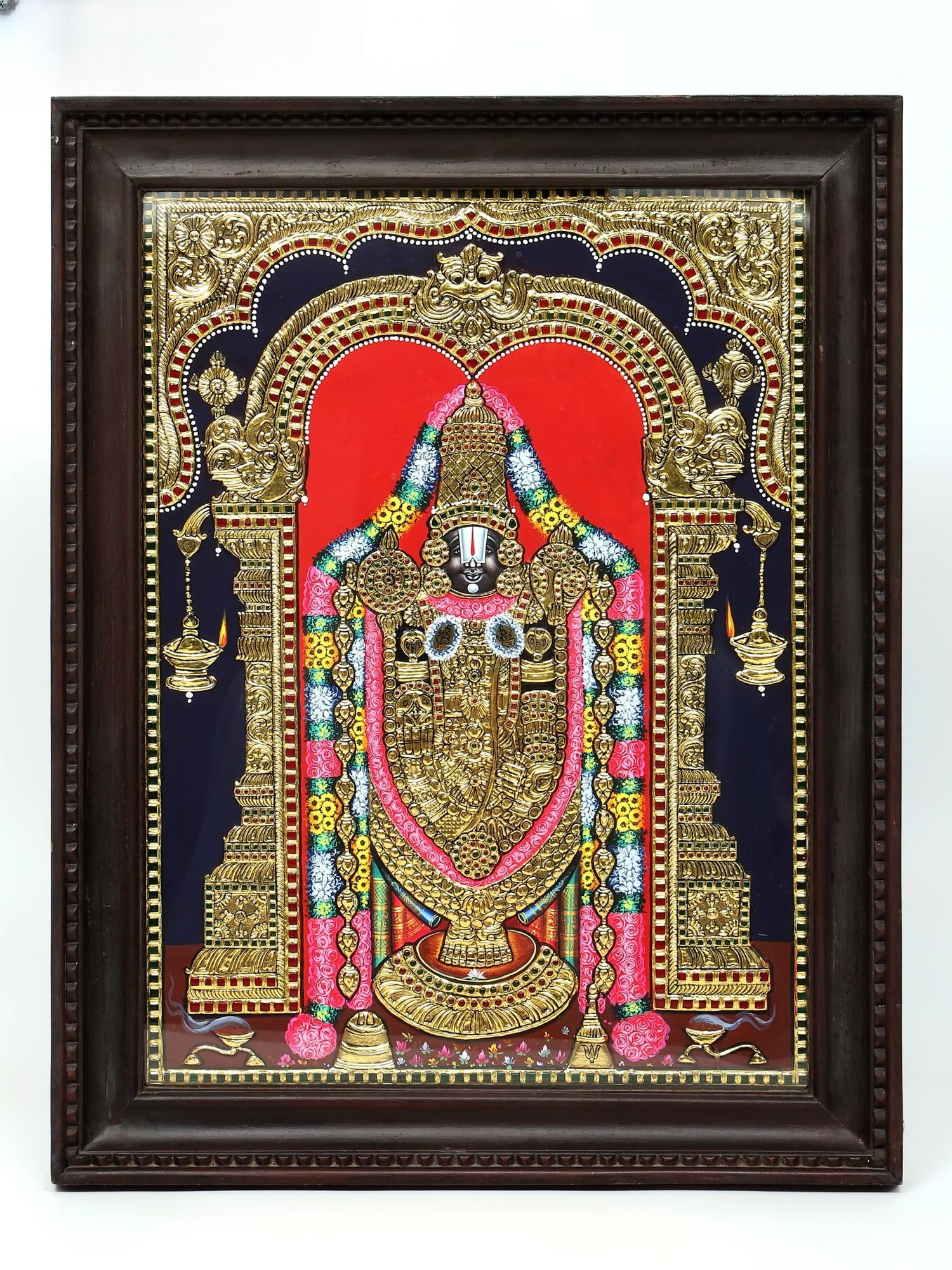 Lord Venkateshvara as Balaji Tanjore Painting | Traditional Colors With 24K Gold | Framed Tanjore: Title: Lord Venkateshvara as Balaji Tanjore Painting | Traditional Colors With 24K Gold | Framed Tanjore Painting Description: South Indian Painting Reserve: $950.00 Shipping: Domestic: Shipping